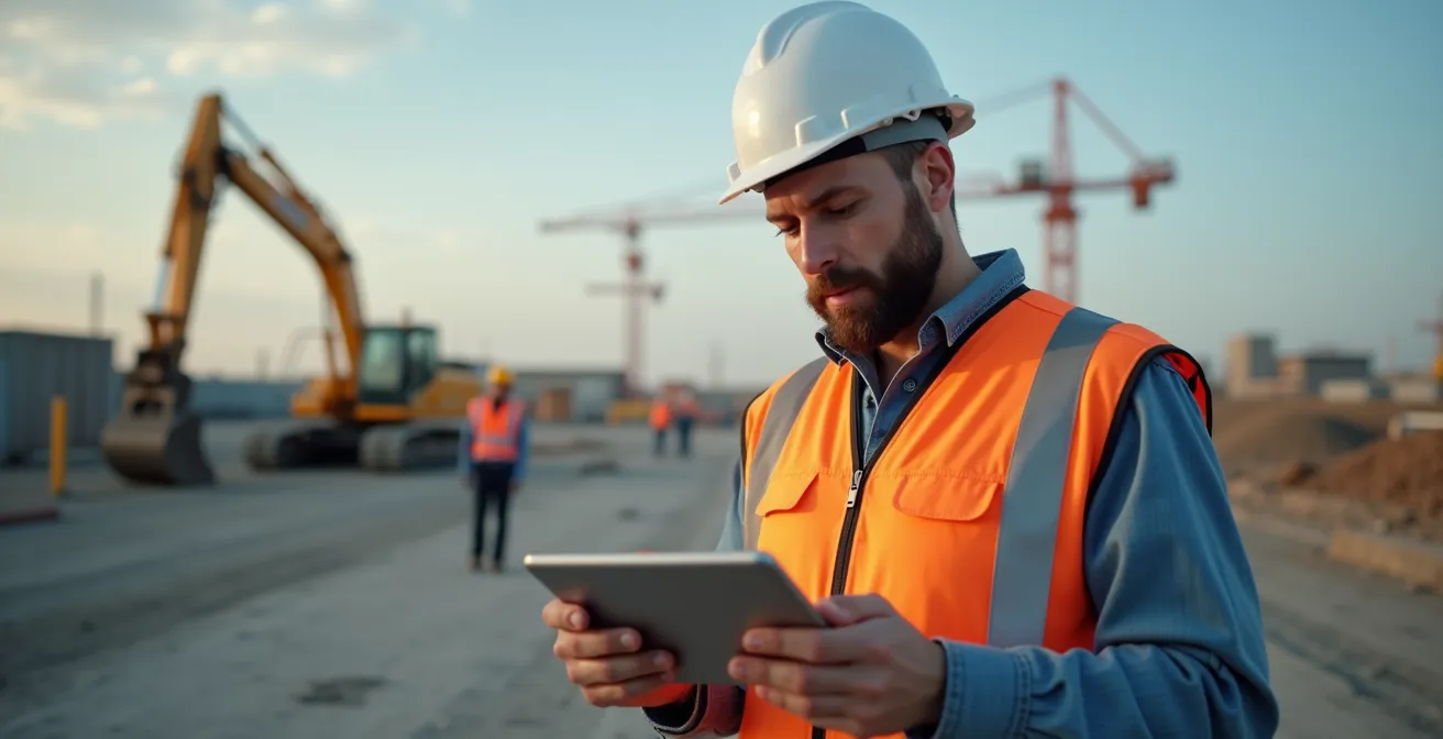 Illustration d'un maître d'ouvrage serein consultant un rapport de chantier sur tablette numérique