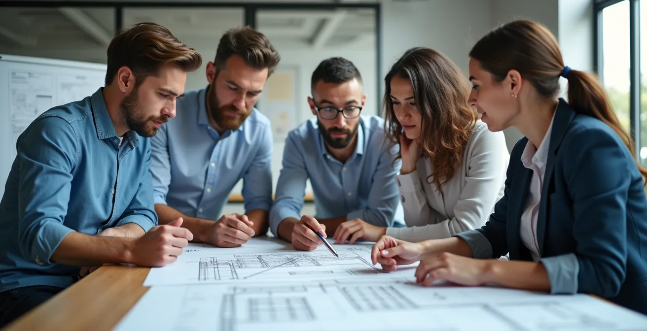 Illustration d'équipes discutant autour de plans architecturaux dans un bureau moderne