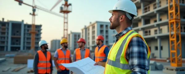 Illustration d'un contractant général supervisant un chantier de construction avec plans et équipe sur site