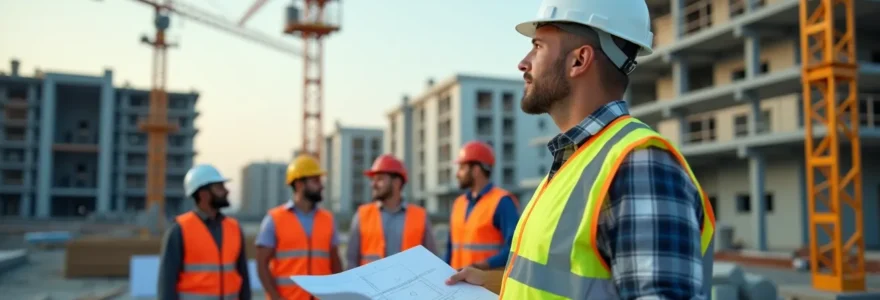 Illustration d'un contractant général supervisant un chantier de construction avec plans et équipe sur site
