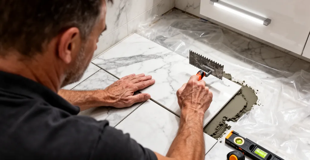 Artisan posant du carrelage de marbre dans une salle de bain luxueuse