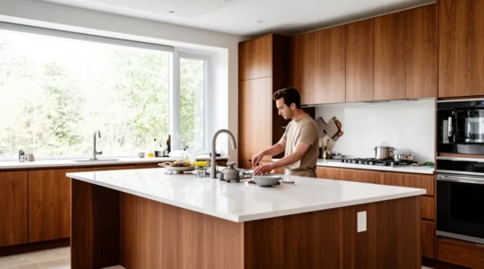 Cuisine résidentielle luxueuse avec îlot en quartz et armoires bois massif