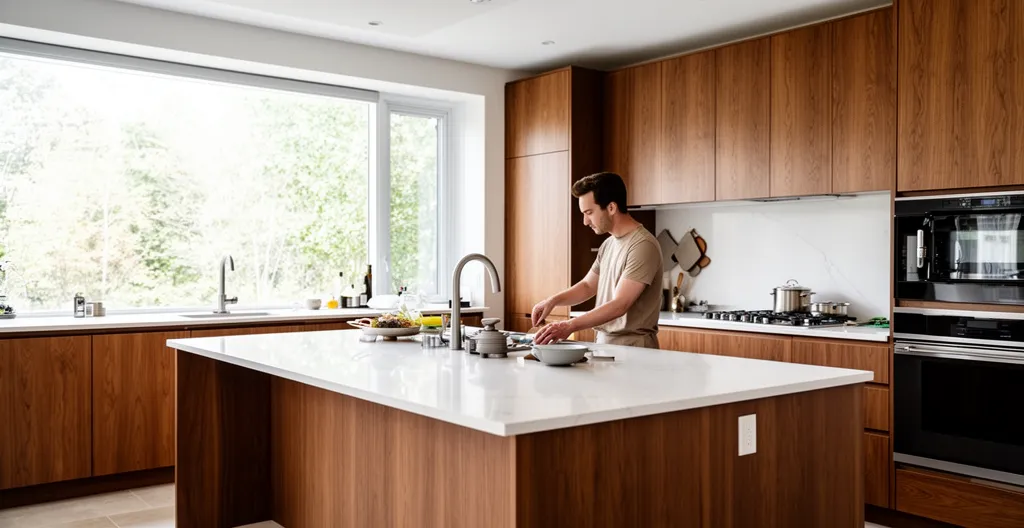 Cuisine résidentielle luxueuse avec îlot en quartz et armoires bois massif