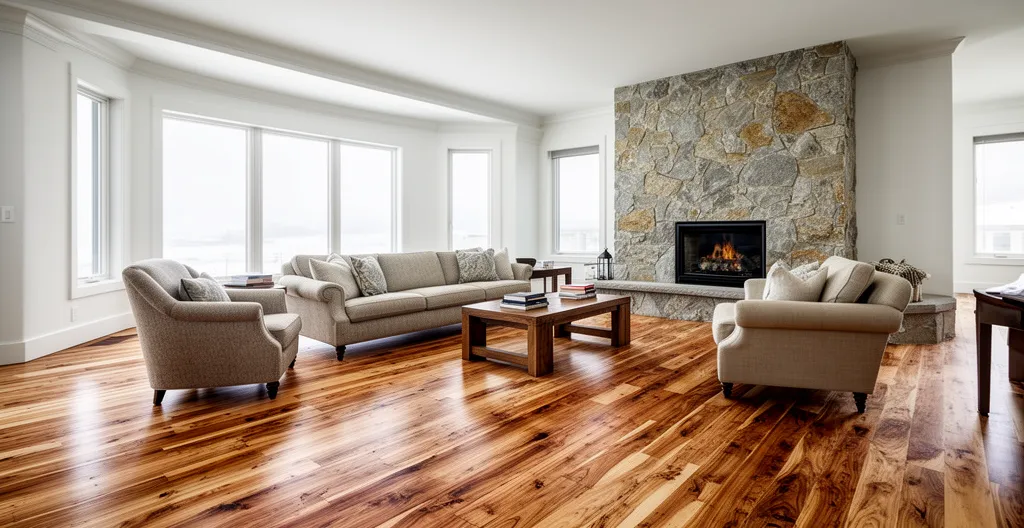 Salon rénové avec plancher bois franc et foyer en pierre naturelle