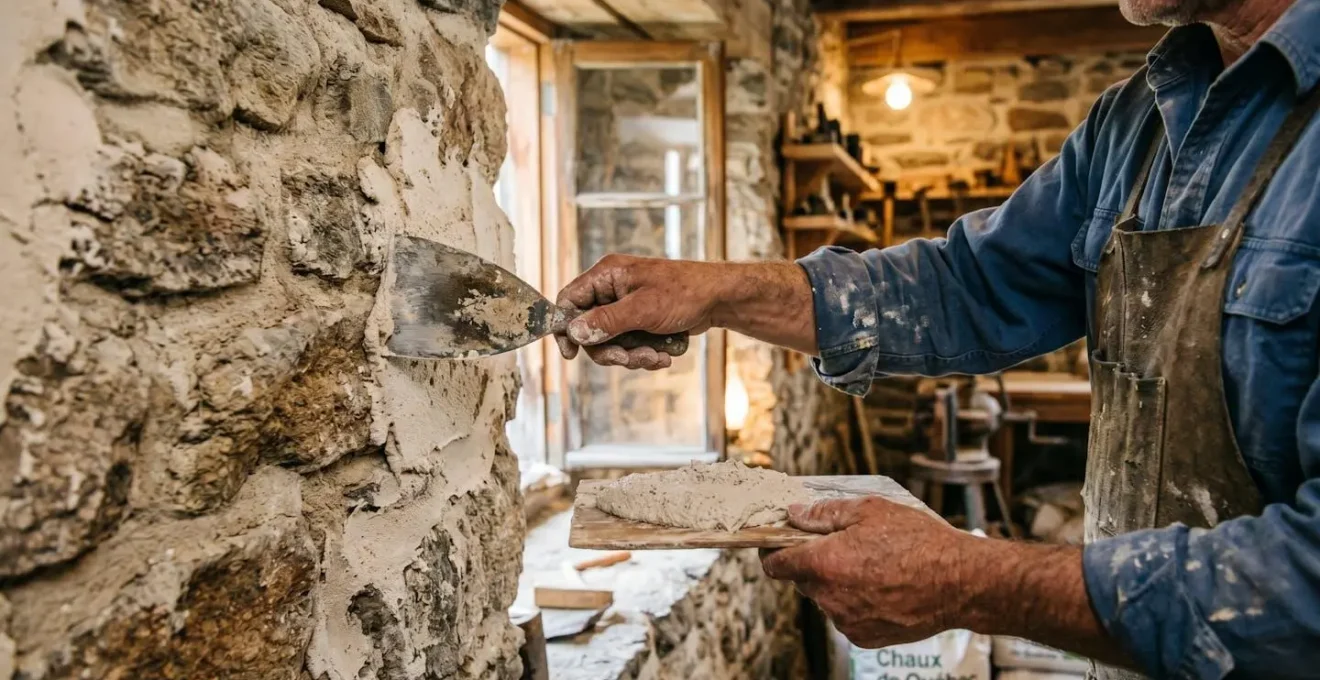 Artisan appliquant un enduit à la chaux sur un mur en pierre intérieur lors d'une rénovation patrimoniale au Québec