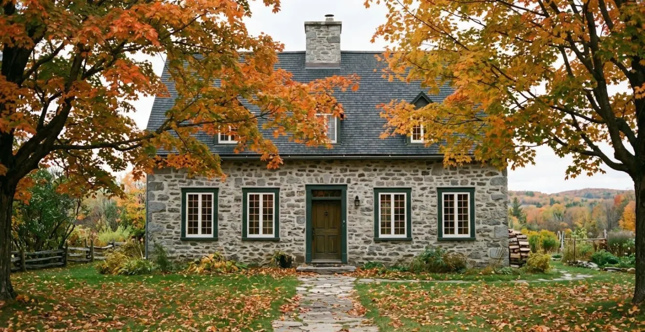 Façade en pierre grise d'une maison ancienne au Québec avec fenêtres rénovées et jardin automnal