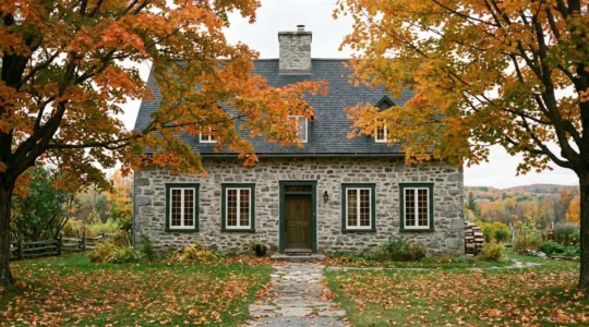 Façade en pierre grise d'une maison ancienne au Québec avec fenêtres rénovées et jardin automnal