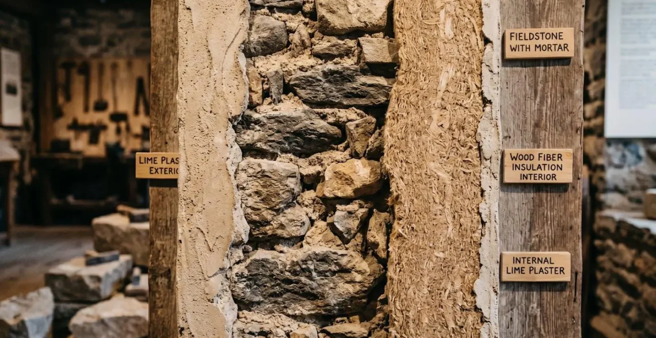 Coupe transversale d'un mur en pierre ancien montrant les couches d'enduit à la chaux et d'isolation intérieure en fibre de bois