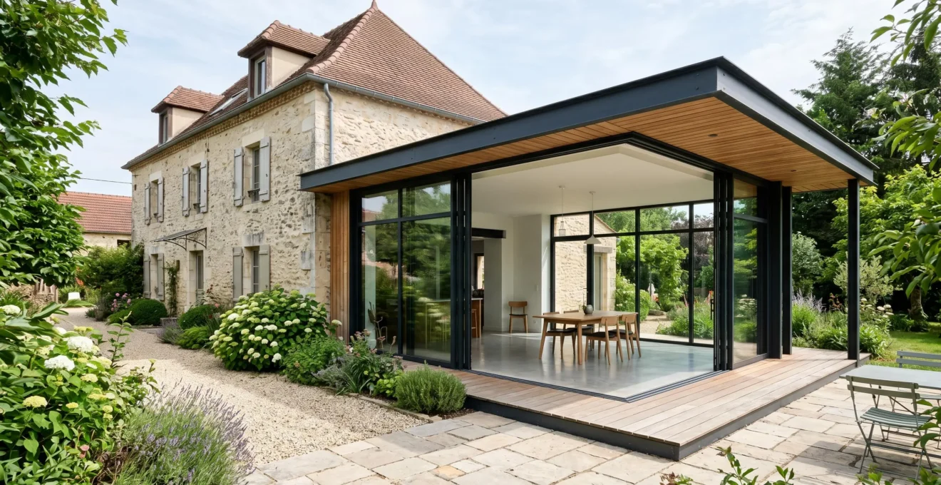 Extension moderne en verre et acier intégrée harmonieusement à maison traditionnelle avec optimisation des ouvertures